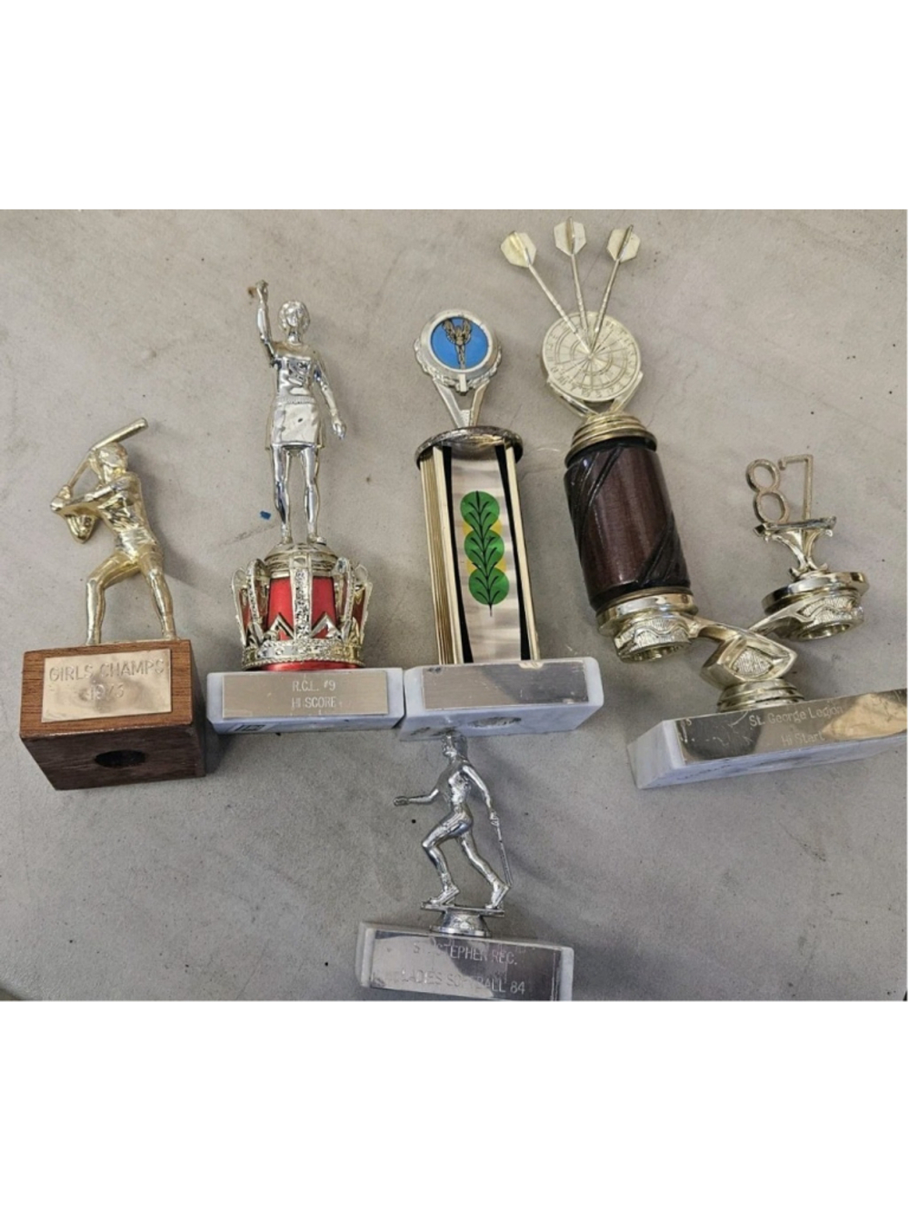 Vtg 70s 80s Darts Softball Trophy Lot Of 5 Gold Silver Metal Wood Plastic Marble
